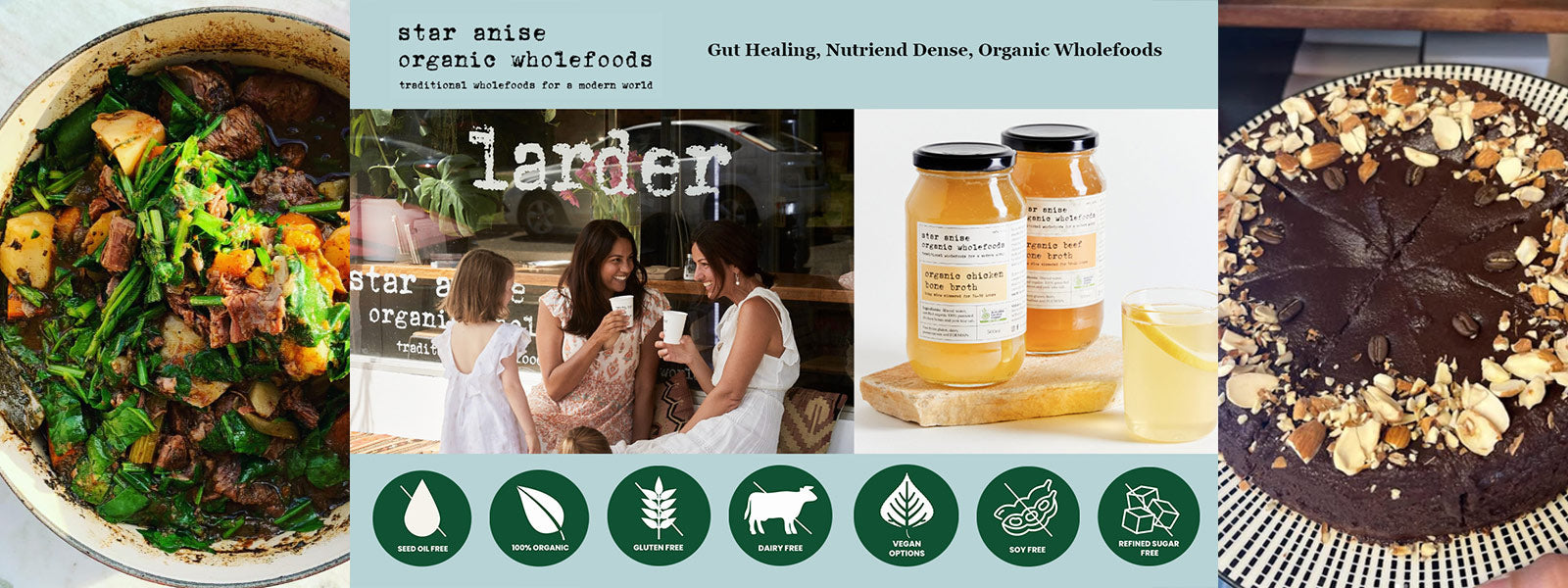 Alt text: Collage featuring Star Anise Organic Wholefoods: a nourishing beef and vegetable stew, the Bronte Broth Bar & Larder storefront with customers enjoying food and drinks