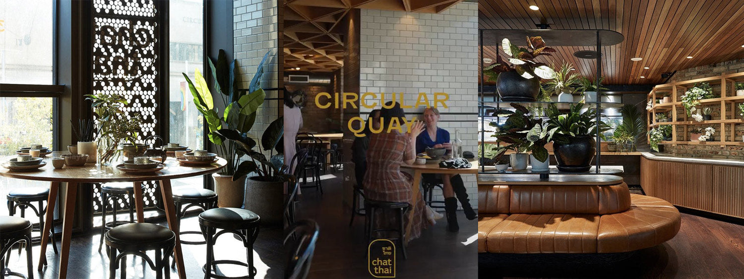 Interior of Chat Thai Circular Quay restaurant with timber ceilings, lush indoor plants, leather seating, and diners enjoying organic Thai lunch and dinner.