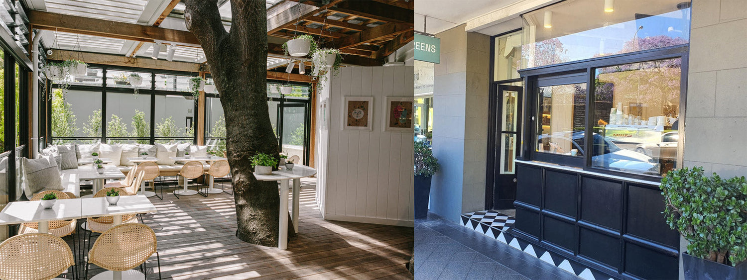 Outdoor courtyard seating and takeaway window at Daily Greens Paddington, featuring natural light, wooden tables, and leafy green decor.