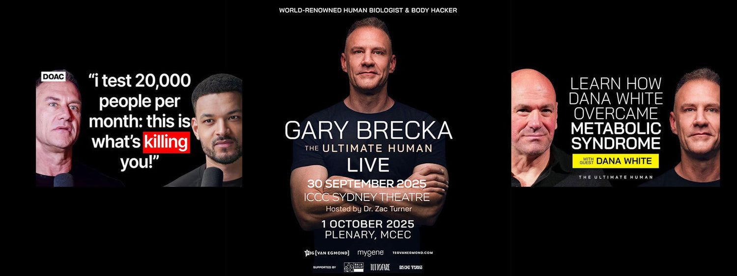 Promotional banner for Gary Brecka: The Ultimate Human Live. Center image shows Gary Brecka with event details: “30 September 2025 – ICC Sydney Theatre, hosted by Dr. Zac Turner; 1 October 2025 – Plenary, Melbourne Convention & Exhibition Centre.”