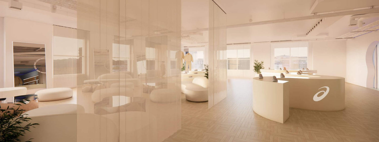 Minimalist sneaker showroom at the Asics Sportstyle Sydney Pop-Up inside Chinatown Country Club, featuring neutral tones, curved displays, and soft seating under natural light.