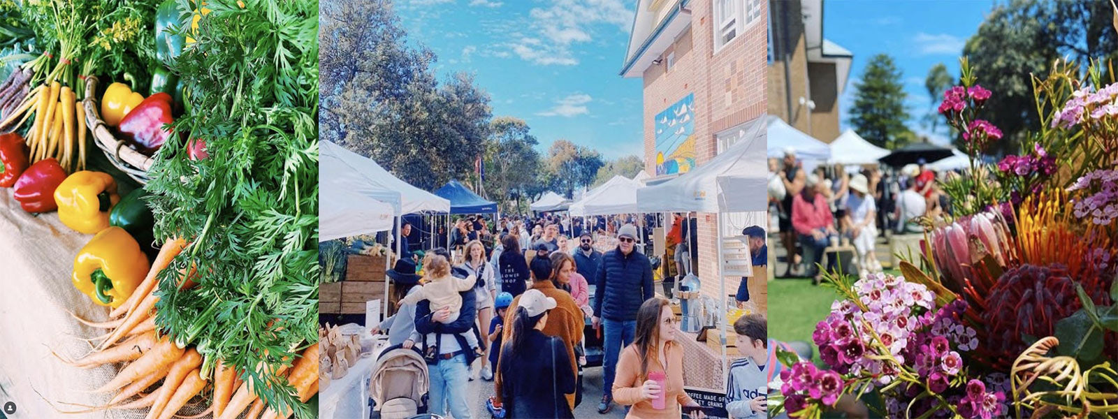 Bondi Farmers Market at Bondi Beach Public School – fresh vegetables, flowers, and local stalls with crowds shopping on a sunny Saturday morning.