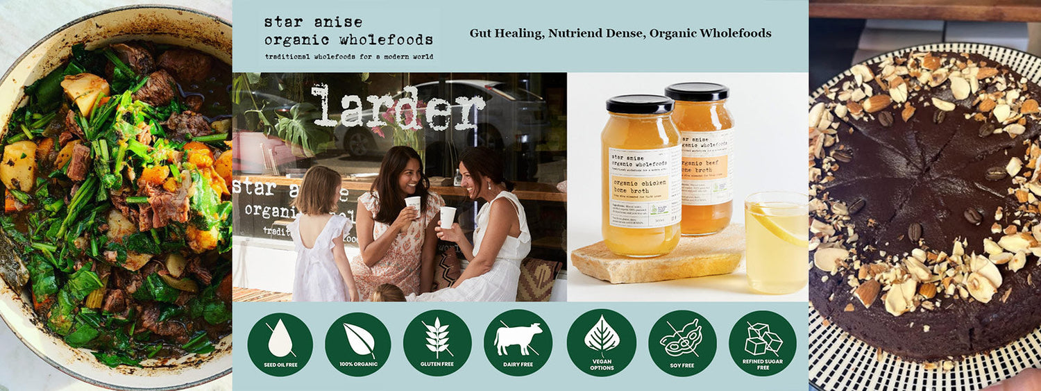 Alt text: Collage featuring Star Anise Organic Wholefoods: a nourishing beef and vegetable stew, the Bronte Broth Bar & Larder storefront with customers enjoying food and drinks