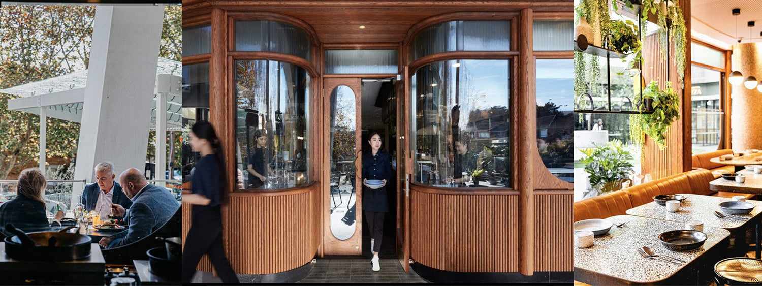 Interior and exterior of Chat Thai Chatswood featuring timber façade, modern dining space with greenery, and outdoor seating for organic Thai lunch and dinner.