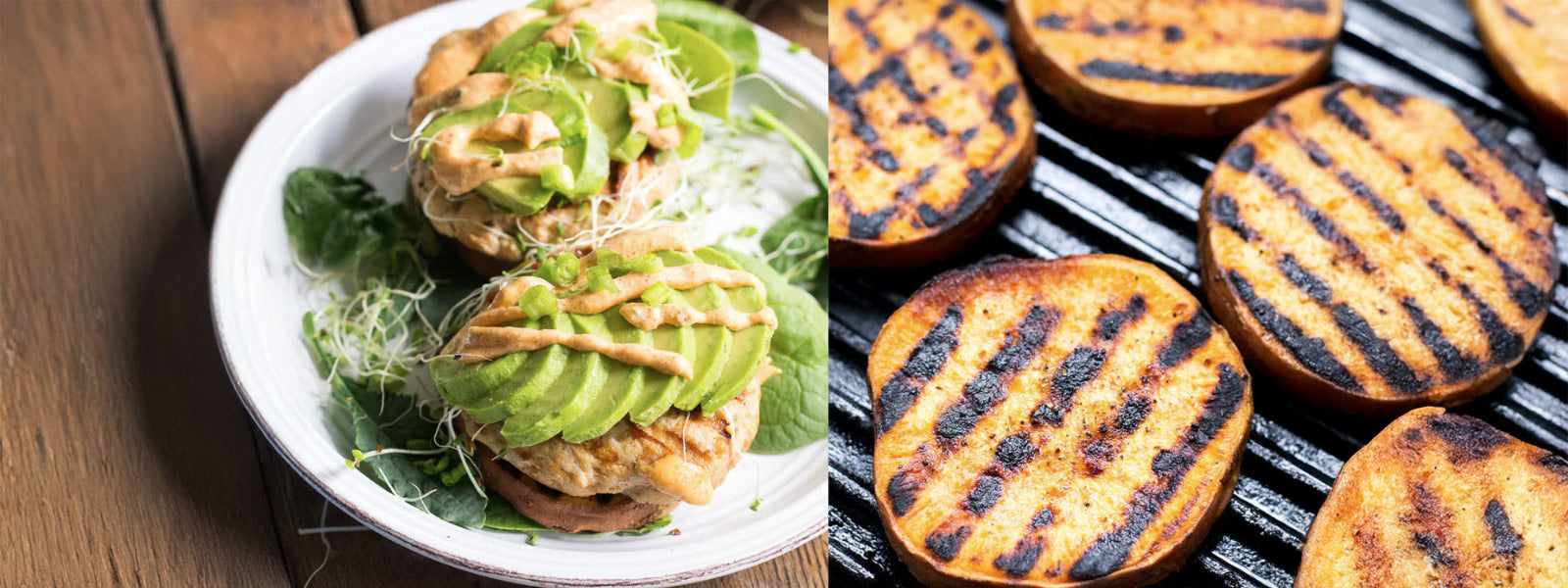 Chipotle chicken burgers topped with avocado slices, sprouts, and creamy chipotle sauce served on grilled sweet potato buns