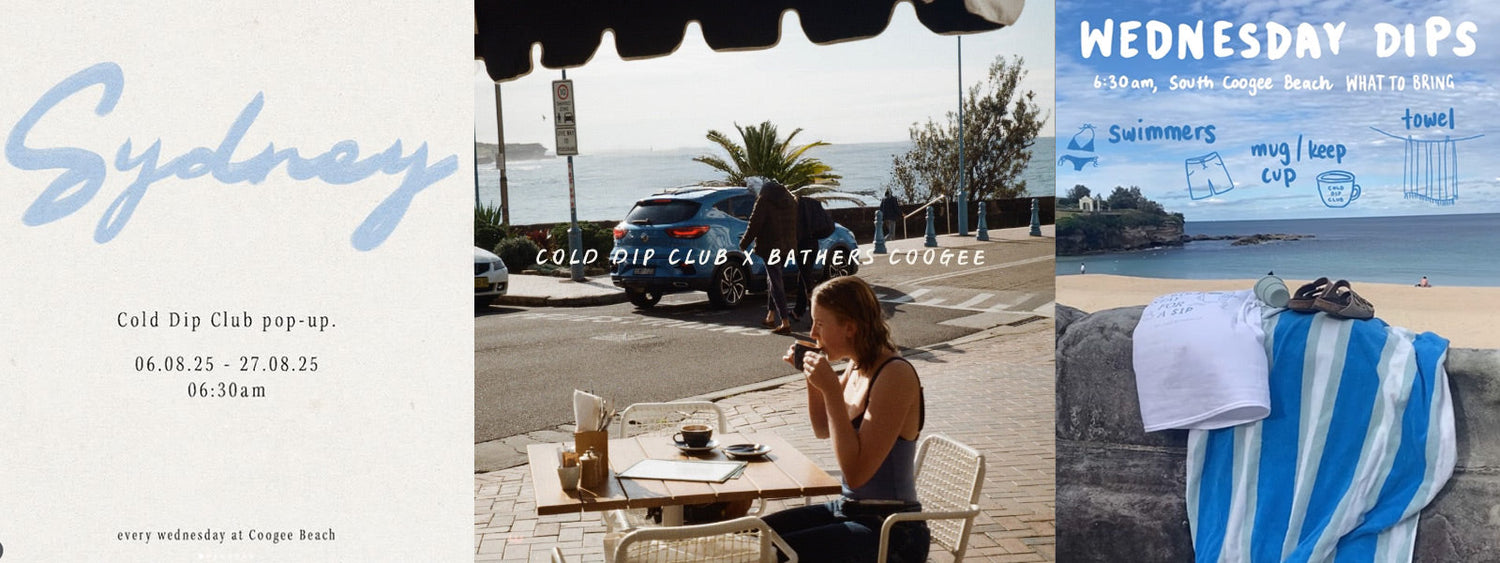 Cold Dip Club Sydney banner showing sunrise ocean swims, beach towels, and café culture at Bathers Coogee, promoting weekly dips and $2 coffee meetups.