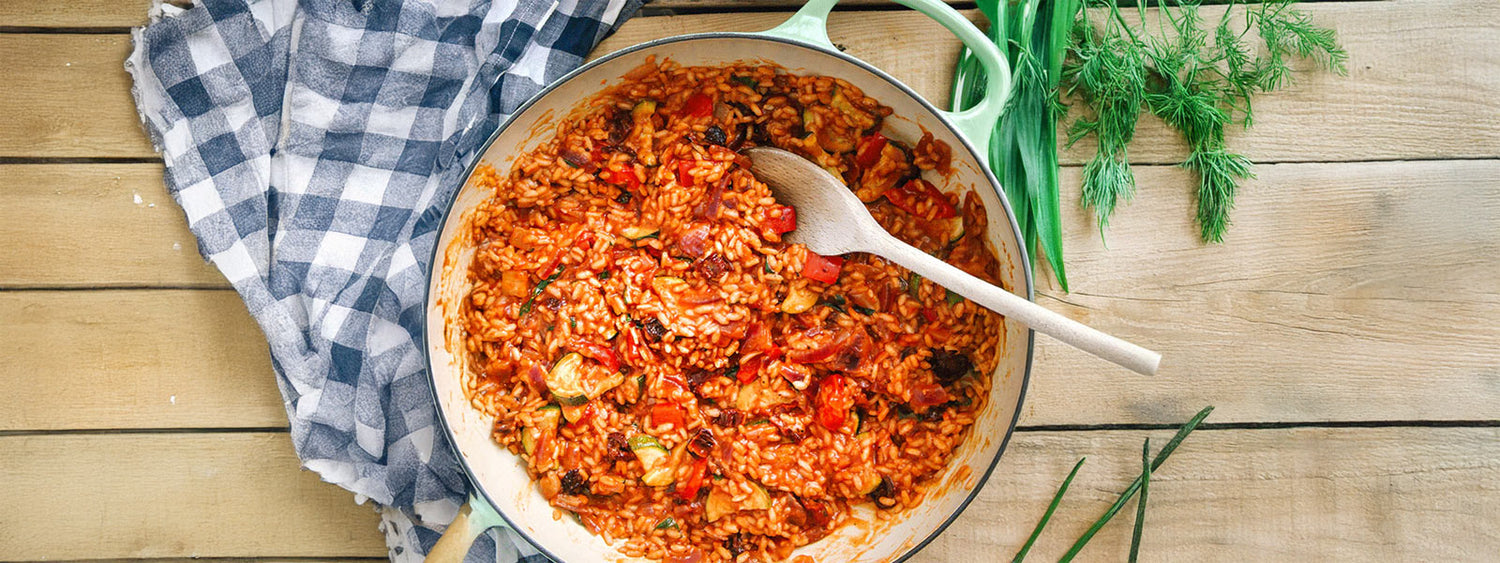Creamy Tomato & Roasted Veggie Risotto (Vegan & Meat Options)