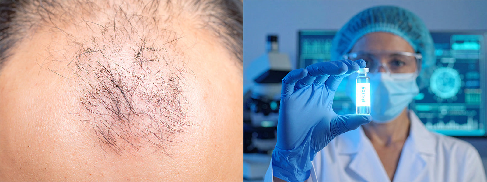 Concept illustration of hair regrowth through follicle stem cell activation and wellness scalp massage, representing new scientific hair loss treatments.