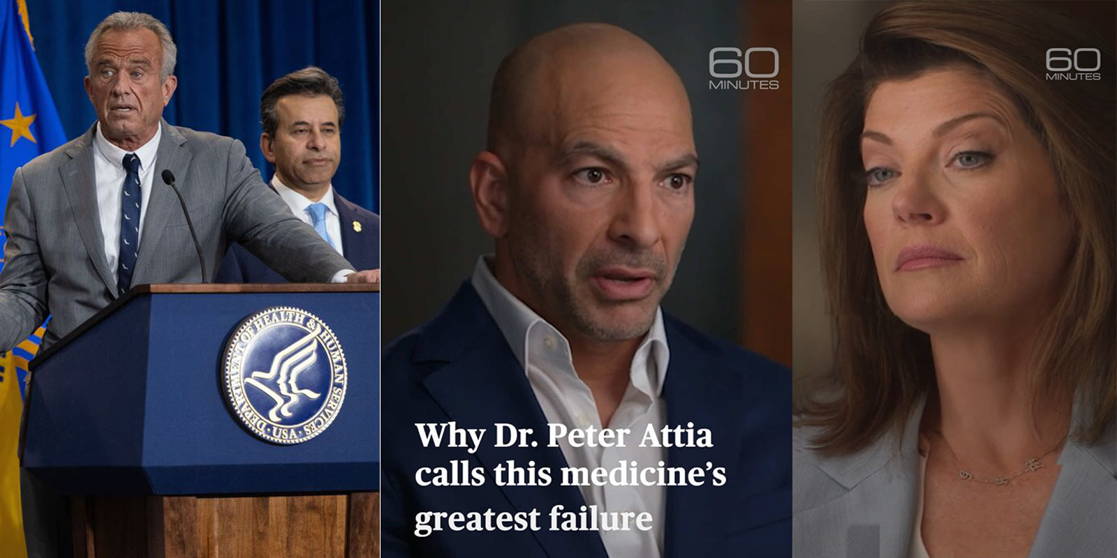 Dr Peter Attia and Norah O’Donnell on 60 Minutes with Robert F Kennedy Jr and FDA Commissioner Dr Marty McCary discussing the removal of the HRT black box warning.