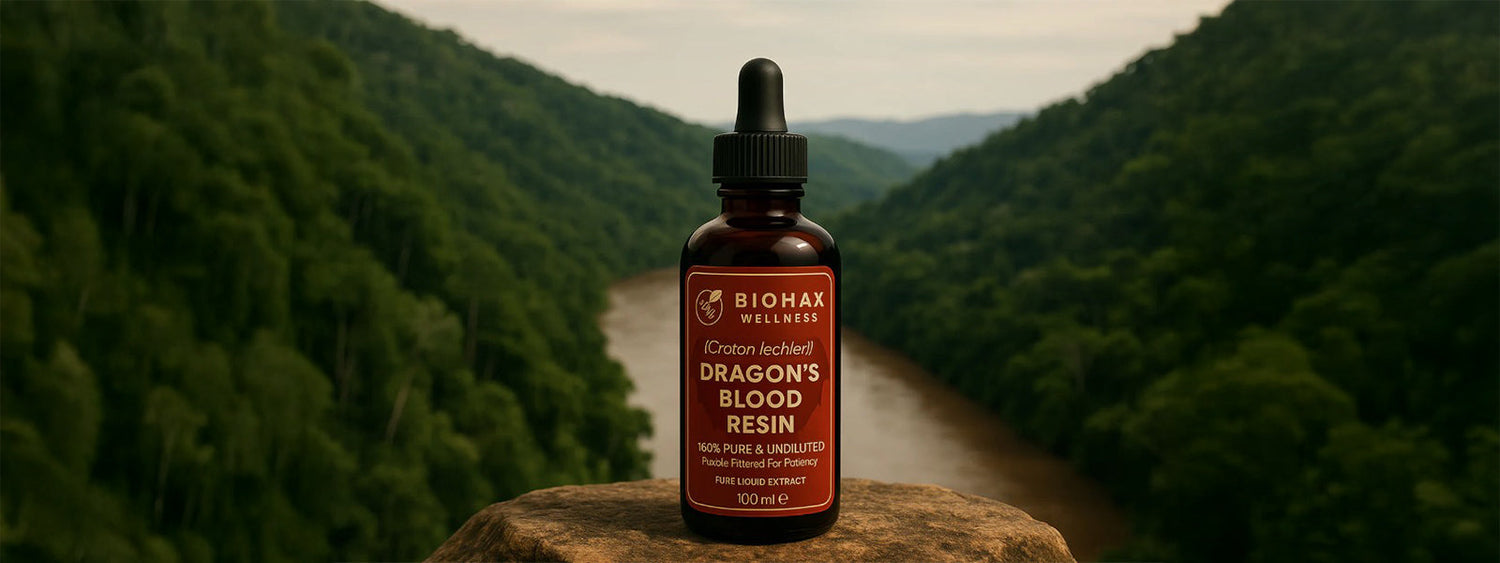 Bottle of BioHax Dragon’s Blood resin photographed on a cliff ledge with Amazonian forest and valley backdrop