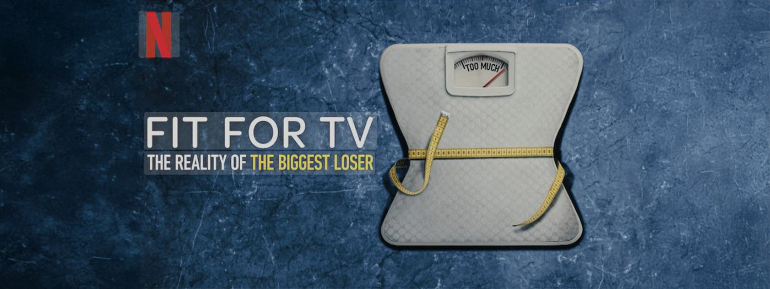 Netflix promotional image for Fit for TV: The Reality of The Biggest Loser, featuring a bathroom scale with the dial reading “Too Much” and a yellow measuring tape wrapped around it, set against a textured blue background.