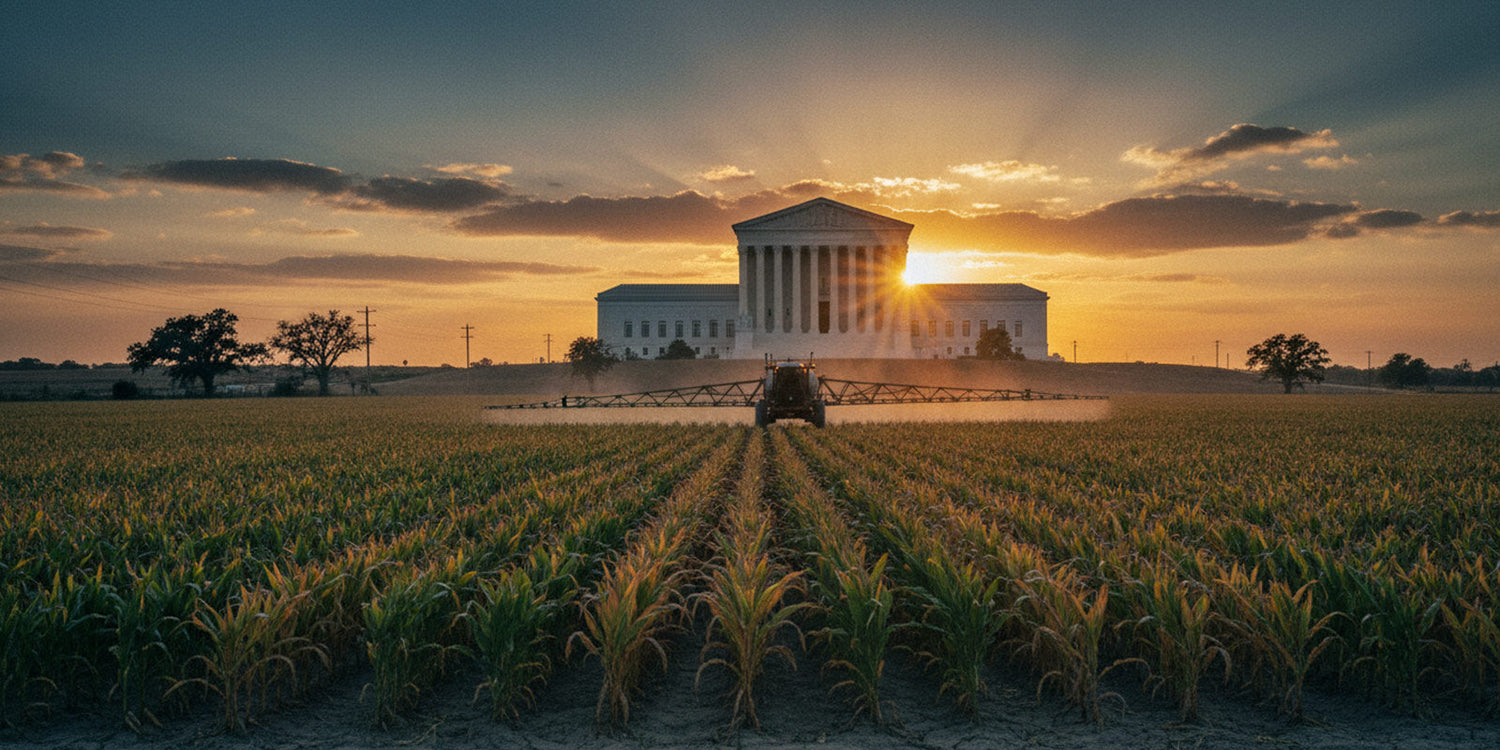 U.S. Supreme Court with agricultural fields symbolising Roundup glyphosate lawsuit