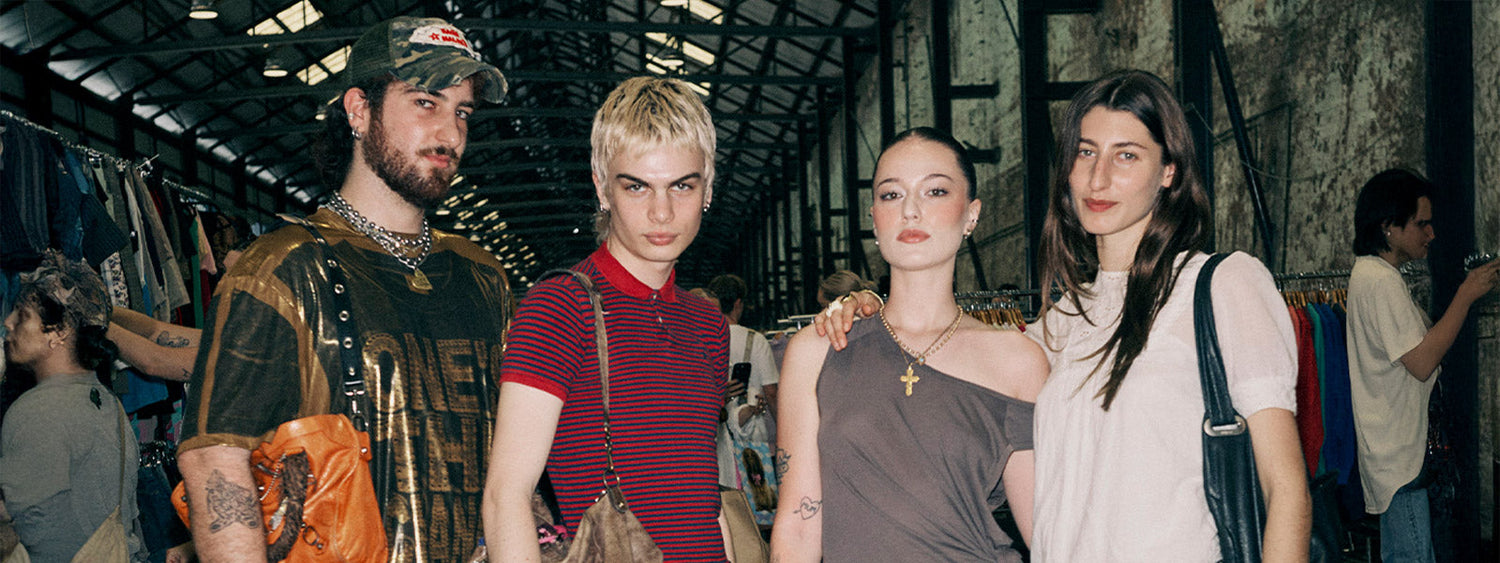 Group of stylish vintage shoppers inside Carriageworks at Second Life Markets Sydney, showcasing curated fashion, streetwear, and community culture.
