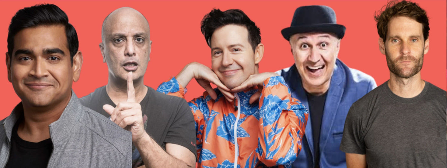Promotional photo featuring five comedians from The Grand Masters of Comedy series at The Beresford. Includes Dilruk Jayasinha, Akmal Saleh, Nath Valvo, Tahir, and Luke Heggie.