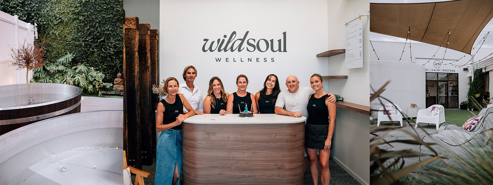 Team at Wildsoul Wellness Mordialloc with contrast therapy baths, Pilates studio entrance, and outdoor recovery lounge featuring hot and cold tubs, greenery, and string lighting.