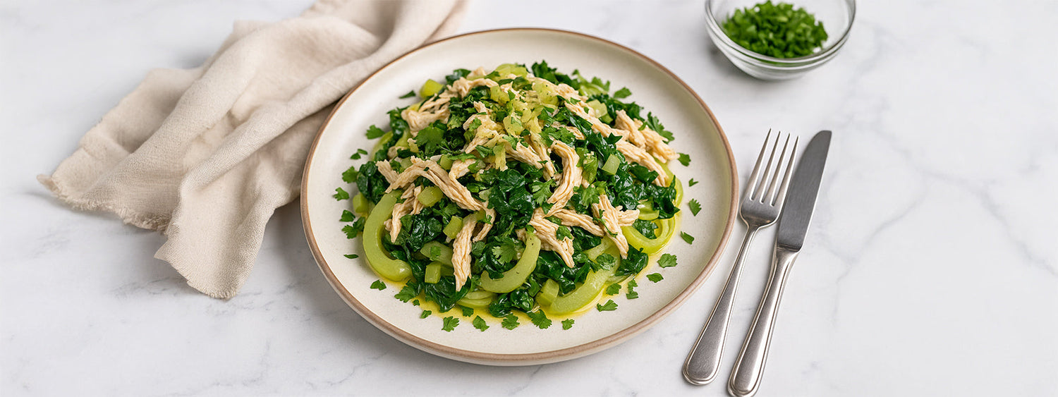 Shredded Chicken Stir-Fry with Celery, Silverbeet & Coriander