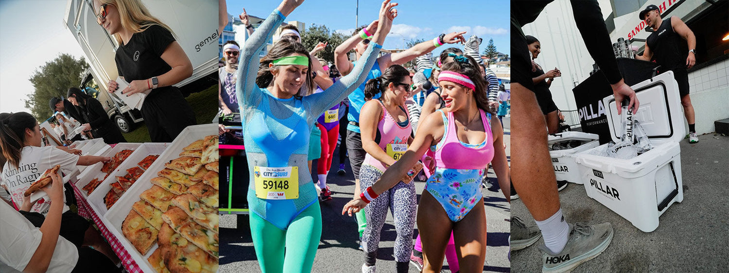 Pillar Performance City2Surf Recovery Party with runners in retro activewear, freshly baked pizza at the Running on Rage station, and post-run hydration from Pillar’s magnesium coolers outside Sandwich House, Bondi.