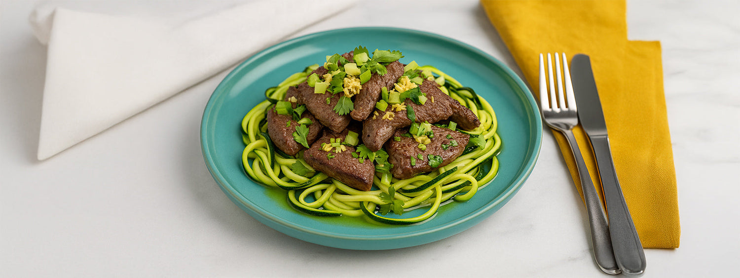 Kangaroo Steak with Garlic, Ginger & Coriander over Zucchini Ribbons