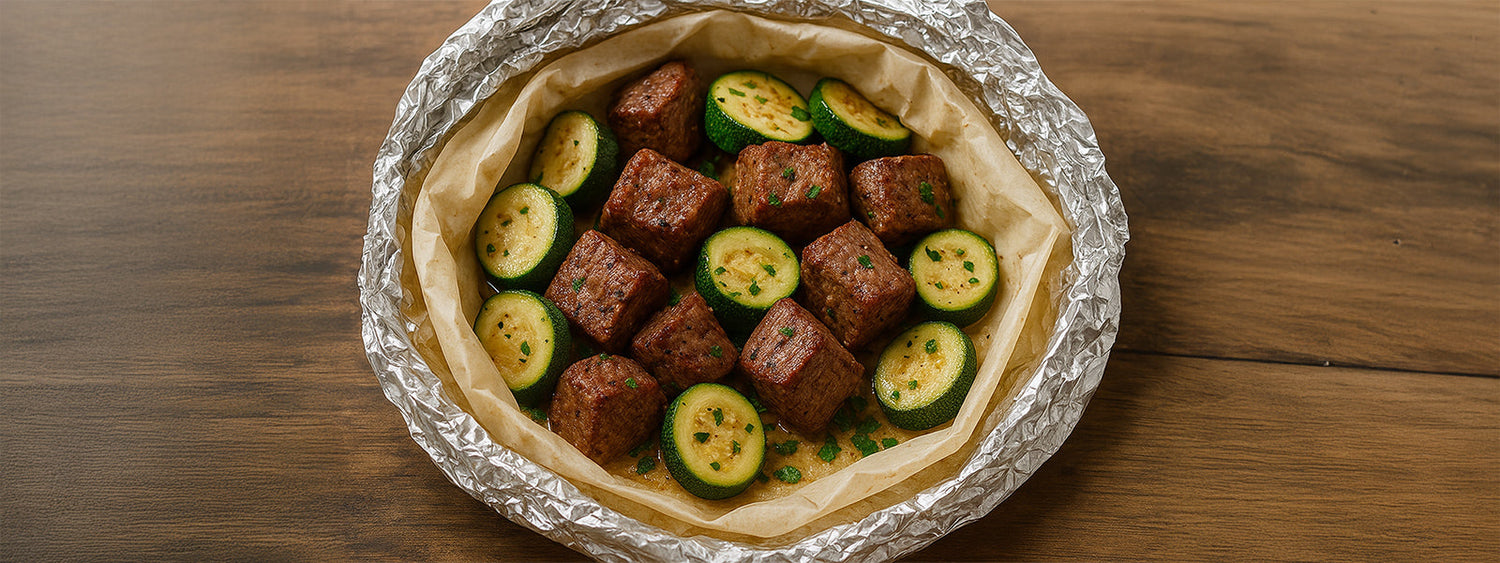 Garlic & Grass Fed Steak + Zucchini Foil Packs for Candida Protocols