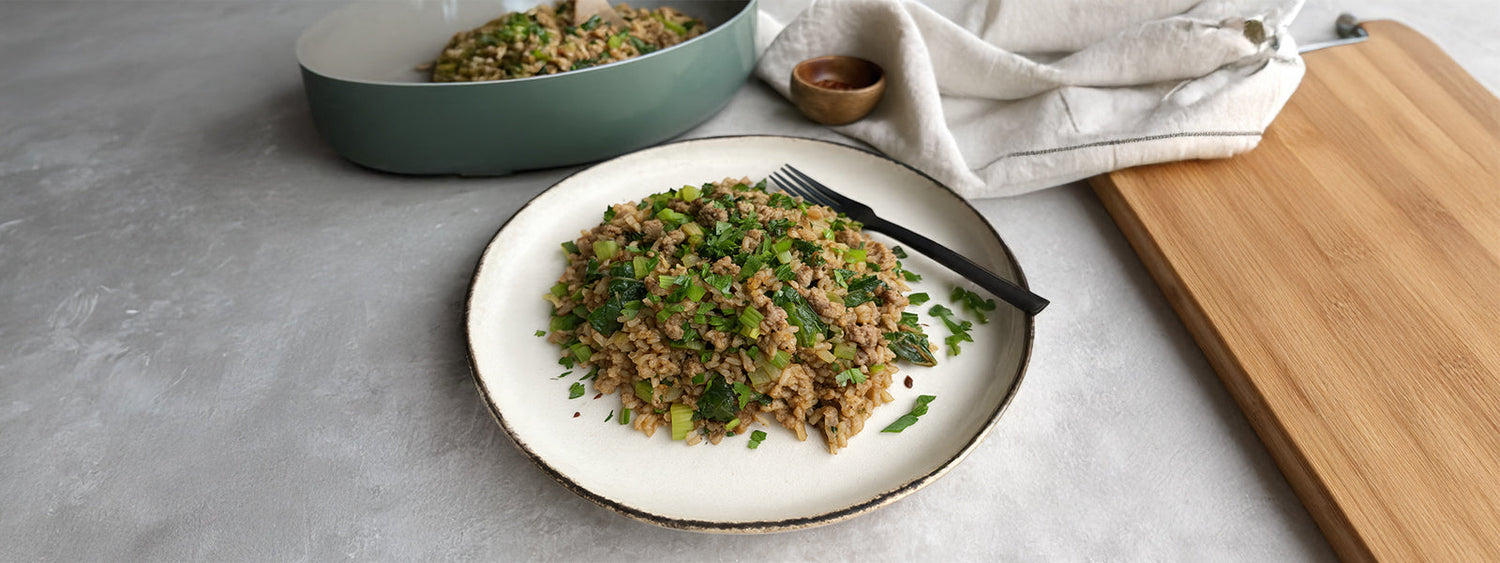 One-Pan Turkey Mince with Rainbow Chard & Spring Herbs